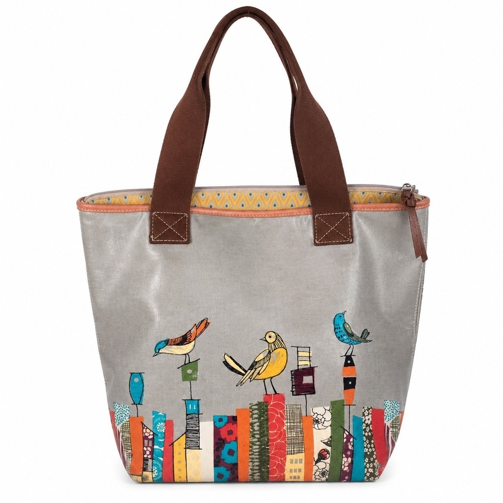 Fossil Bird Print Coated Canvas Tote Bag Leather Trim Zip Top Gray Multicolor